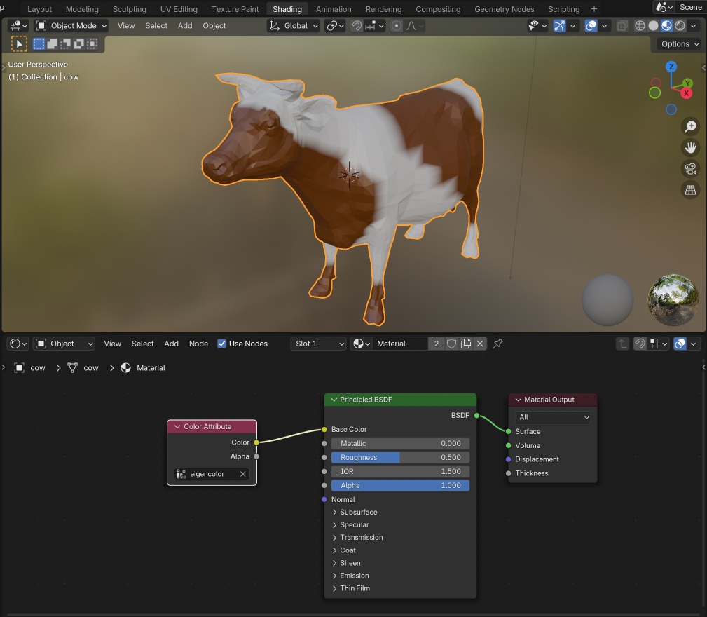 Blender shader editor with vertex color attribute node connected to material output
